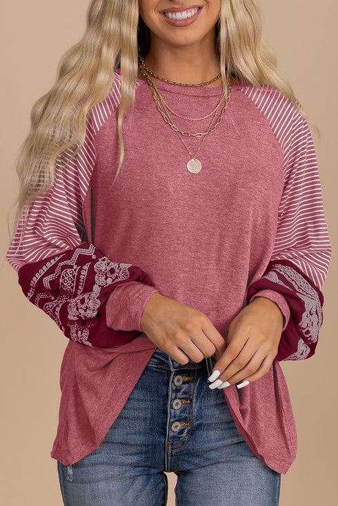 Contrast Print Striped Raglan Crew Neck Loose Long Sleeve Top
